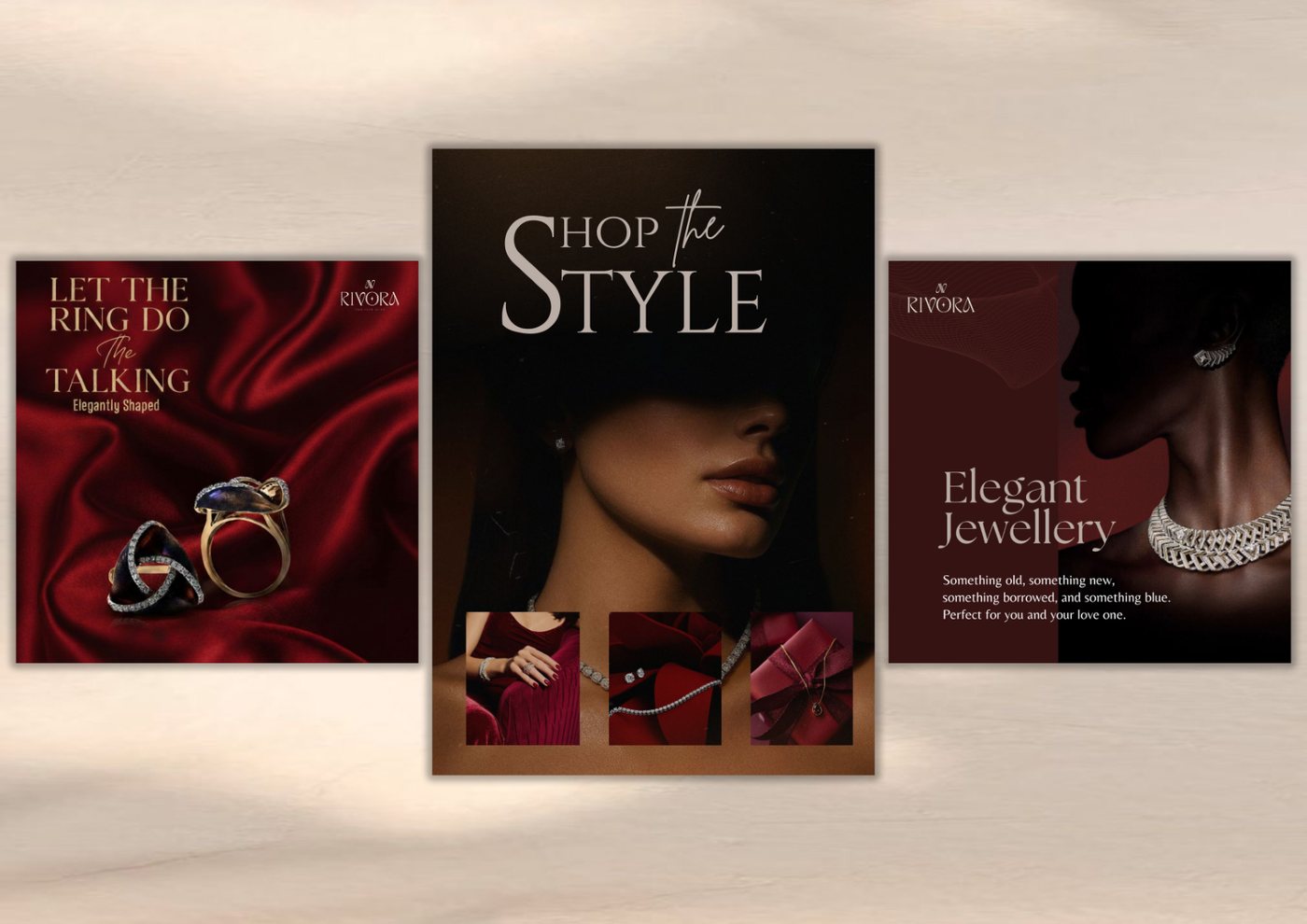 Rivora social campaign creatives — Let the Ring Do the Talking, Shop the Style, Elegant Jewellery