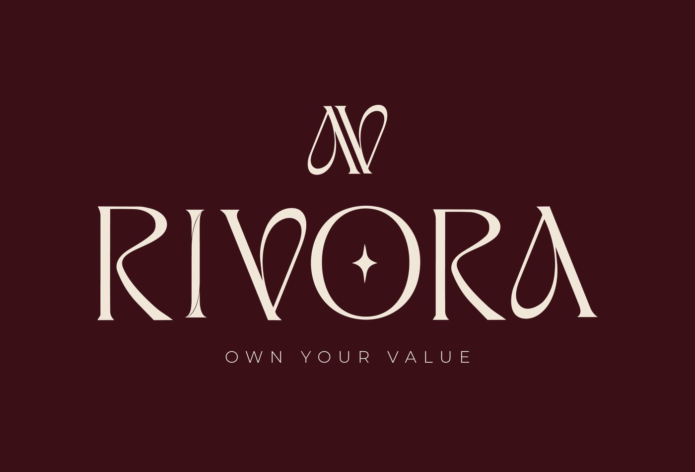 Rivora luxury jewellery logo — a custom cream serif wordmark on oxblood, with the tagline Own Your Value