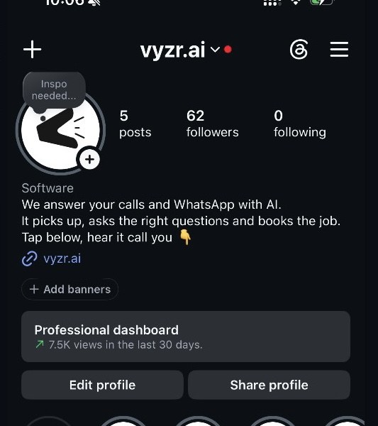 @vyzr.ai Instagram profile before: 62 followers, 7.5K views in the last 30 days