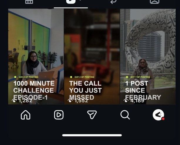 Three Vyzr.ai Reels I created and starred in: 1000 Minute Challenge Episode 1 (1,282 views), The Call You Just Missed (1,552 views), 1 Post Since February (4,189 views)